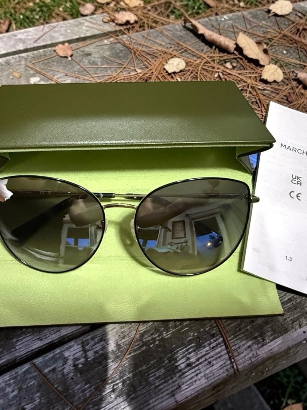 LongChamp Unisex Olive Green Aviator Case Dark Lenses Gold accent Sunglasses